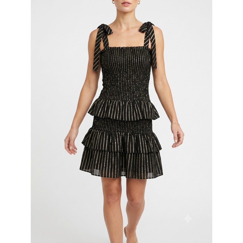 House of Harlow 1960 Mini Dress Womens S Black Metallic Striped Ruffle Smocked